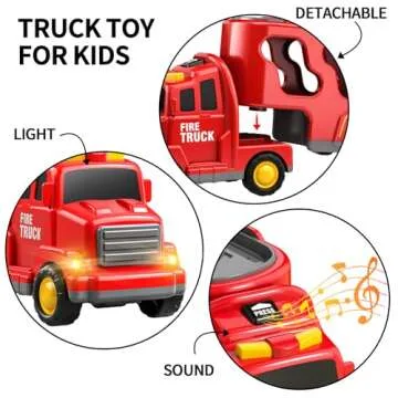 TEMI Fire Toys for 3 4 5 6 Years Old Boys Girls - 5 in 1 Carrier Truck Transport for Toddlers 1-3, Friction Powered Vehicles for Kids 3-5, Christmas Birthday Gifts - Age 3-9