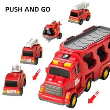 TEMI Fire Toys for 3 4 5 6 Years Old Boys Girls - 5 in 1 Carrier Truck Transport for Toddlers 1-3, Friction Powered Vehicles for Kids 3-5, Christmas Birthday Gifts - Age 3-9