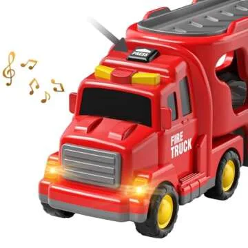 TEMI Fire Toys for 3 4 5 6 Years Old Boys Girls - 5 in 1 Carrier Truck Transport for Toddlers 1-3, Friction Powered Vehicles for Kids 3-5, Christmas Birthday Gifts - Age 3-9