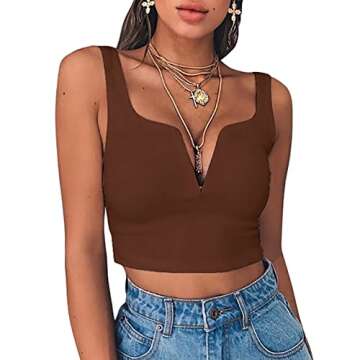 Susupeng Women Sexy Deep V Neck Sleeveless T Shirt Slim Crop Top Side Zip Casual Tank Tops (Small, C...