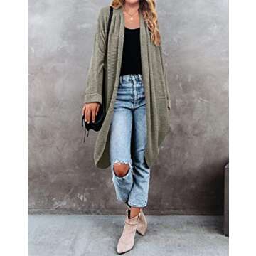 MEROKEETY Women's 2024 Fall Waffle Knit Batwing Long Sleeve Cardigan Loose Open Front Sweater Coat, Olive, Large