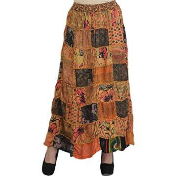 Exotic India Long Printed Dori Skirt from Gujarat with Patch Work - Rayon - Color Beige