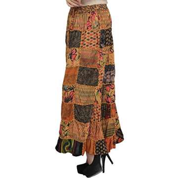 Exotic India Long Printed Dori Skirt from Gujarat with Patch Work - Rayon - Color Beige