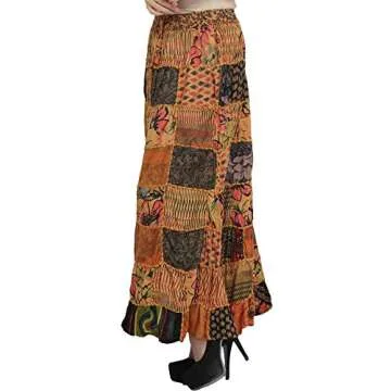 Exotic India Long Printed Dori Skirt from Gujarat with Patch Work - Rayon - Color Beige