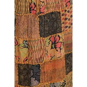Exotic India Long Printed Dori Skirt from Gujarat with Patch Work - Rayon - Color Beige