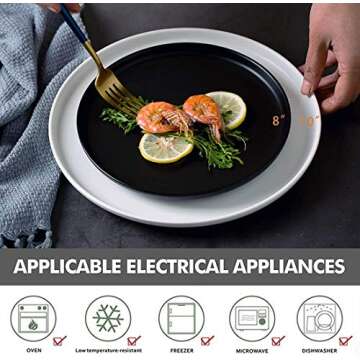 BonNoces 8-inch Porcelain Lunch Plates, Elegant Matte Glaze Finish Round Serving Plate for Pasta, Snack and Salad, Set of 5 (Matte Black)