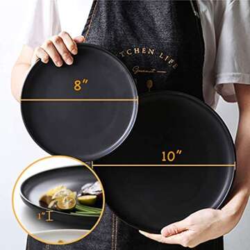 BonNoces 8-inch Porcelain Lunch Plates, Elegant Matte Glaze Finish Round Serving Plate for Pasta, Snack and Salad, Set of 5 (Matte Black)