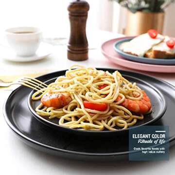 BonNoces 8-inch Porcelain Lunch Plates, Elegant Matte Glaze Finish Round Serving Plate for Pasta, Snack and Salad, Set of 5 (Matte Black)