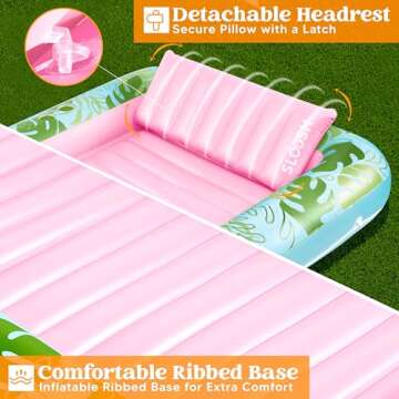 SLOOSH Inflatable Tanning Pool Lounger Float, 70" x 46" Pool Floats Adult with Pillow, 4 in 1 Suntan Tub Raft Floatie,Sunbathing Bed Lounge for Water Blow Up Kids Ball Pit Party Gifts, L-Cyan Pink