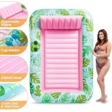 SLOOSH Inflatable Tanning Pool Lounger Float, 70" x 46" Pool Floats Adult with Pillow, 4 in 1 Suntan Tub Raft Floatie,Sunbathing Bed Lounge for Water Blow Up Kids Ball Pit Party Gifts, L-Cyan Pink