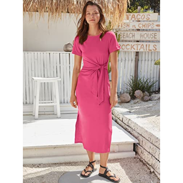 ANRABESS Women's Summer Short Sleeve Crewneck T Shirt Midi Dress Tie Waist Casual Slim Fit Slit Spring Long Beach Dresses Hot Pink Large