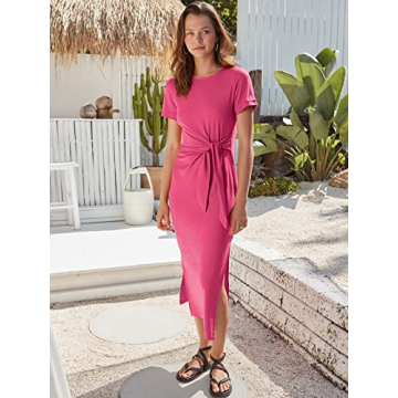 ANRABESS Women's Summer Short Sleeve Crewneck T Shirt Midi Dress Tie Waist Casual Slim Fit Slit Spring Long Beach Dresses Hot Pink Large