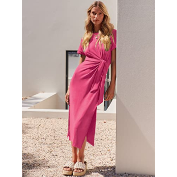 ANRABESS Women's Summer Short Sleeve Crewneck T Shirt Midi Dress Tie Waist Casual Slim Fit Slit Spring Long Beach Dresses Hot Pink Large