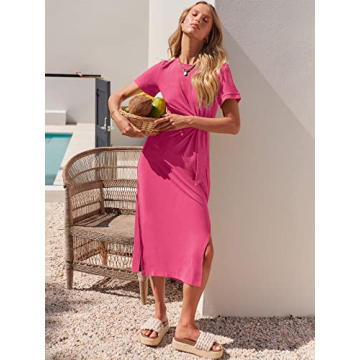 ANRABESS Women's Summer Short Sleeve Crewneck T Shirt Midi Dress Tie Waist Casual Slim Fit Slit Spring Long Beach Dresses Hot Pink Large