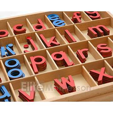 Elite Montessori Wooden Movable Alphabet with Box Preschool Spelling Learning Materials (Red & Blue, 5mm Thick)
