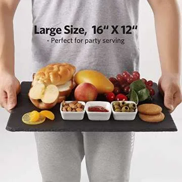 Large Slate Cheese Board and Knife Set, 7 piece w/ FREE 3 Ceramic bowls, Cheese Platter Slate Board, Cheese Serving Board, 4 Stainless Steel Knives, 2 Soap Stone Chalks, 16" X 12" (7 Piece + 3)