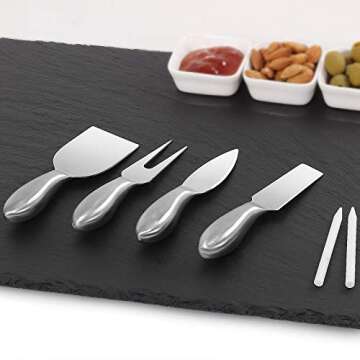 Large Slate Cheese Board and Knife Set, 7 piece w/ FREE 3 Ceramic bowls, Cheese Platter Slate Board, Cheese Serving Board, 4 Stainless Steel Knives, 2 Soap Stone Chalks, 16" X 12" (7 Piece + 3)