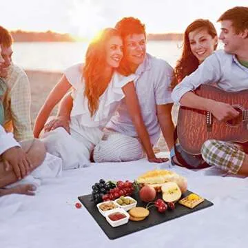 Large Slate Cheese Board and Knife Set, 7 piece w/ FREE 3 Ceramic bowls, Cheese Platter Slate Board, Cheese Serving Board, 4 Stainless Steel Knives, 2 Soap Stone Chalks, 16" X 12" (7 Piece + 3)