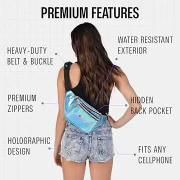 Holographic Fanny Pack Belt bag - Crossbody Waist Bag for Men or Women - Hands-Free, Waterproof Large Bumbag for Hiking, Running, and Travel (Blue Glitter)