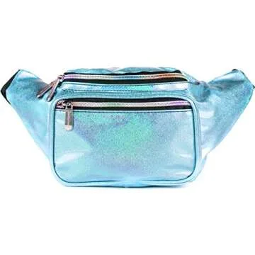 Holographic Fanny Pack Belt bag - Crossbody Waist Bag for Men or Women - Hands-Free, Waterproof Large Bumbag for Hiking, Running, and Travel (Blue Glitter)