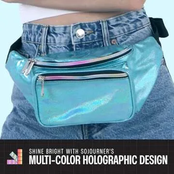 Holographic Fanny Pack Belt bag - Crossbody Waist Bag for Men or Women - Hands-Free, Waterproof Large Bumbag for Hiking, Running, and Travel (Blue Glitter)