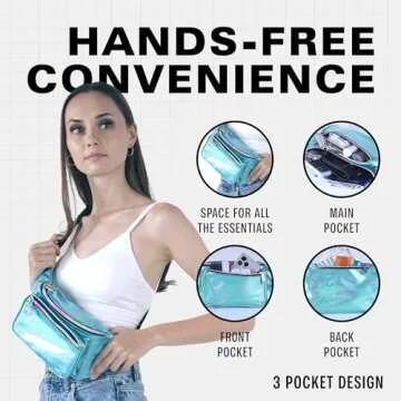 Holographic Fanny Pack Belt bag - Crossbody Waist Bag for Men or Women - Hands-Free, Waterproof Large Bumbag for Hiking, Running, and Travel (Blue Glitter)