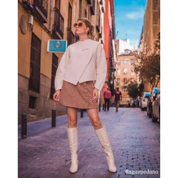 Dance&Style Women's Leather Boots Block Heels Shoes Fall Boots Knee High 30-Beige 7 US