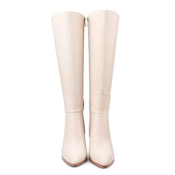 Dance&Style Women's Leather Boots Block Heels Shoes Fall Boots Knee High 30-Beige 7 US