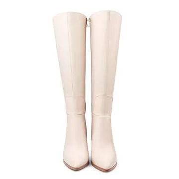 Dance&Style Women's Leather Boots Block Heels Shoes Fall Boots Knee High 30-Beige 7 US