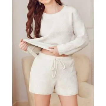 Ekouaer Fuzzy Fleece Pajamas 2 Piece Warm Soft Lounge Set Long Sleeve Sweater Top and Shorts Loungew...