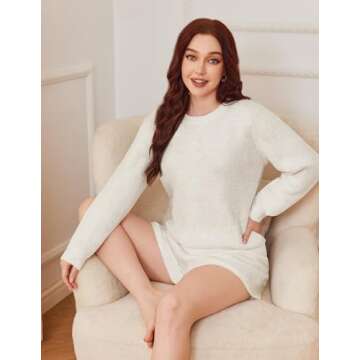 Ekouaer Fuzzy Fleece Pajamas 2 Piece Warm Soft Lounge Set Long Sleeve Sweater Top and Shorts Loungewear Outfits Sweatsuits White XXL