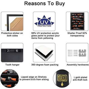 Jinchuan Knife Display Case Pocket Knife Display Stand Military Folding Knife Shadow Box Wall Cabinet with Uv Protection Acrylic Lockable, Black