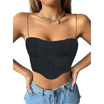 Avanova Women's Asymmetrical Hem Crop Top Seam Front Spaghetti Strap Camisole Black 15 X-Large