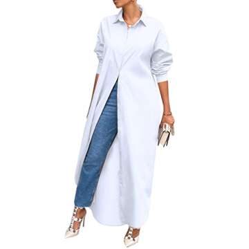 Mozgalz Women Solid Slit Long Sleeve Button Down Maxi Shirt Dress Collared Neck Ruched Dresses White