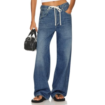 PLNOTME Womens Baggy Wide Leg Jeans Boyfriend Drawstring High Waisted Mom Denim Pants with Pockets N...