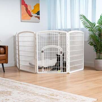 IRIS USA Dog Playpen, 8-Panel 34" Pet Playpen with Door, Puppy Playpen, Indoor/Outdoor Dog Pen, 63 x 63 x 34, Foldable, Customizable, White