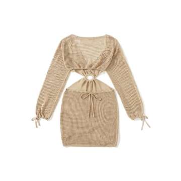 MakeMeChic Women's Crochet Cover Up Long Sleeve Knitted Swim Beach Cover Up Dress Swimwear