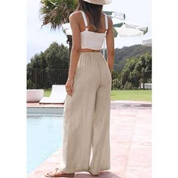 Himosyber Women Cotton Linen Pants Wide Leg High Waist Flowy Summer Beach Drawstring Pant Trouser (Khaki-XS)