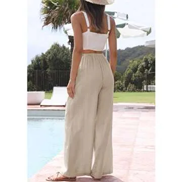 Himosyber Women Cotton Linen Pants Wide Leg High Waist Flowy Summer Beach Drawstring Pant Trouser (Khaki-XS)