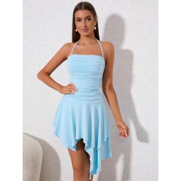 EYNMIN Women's Summer Mini Dress Bodycon Ruched Backless Halter Flowy Ruffle Party Club Short Dresses Blue M
