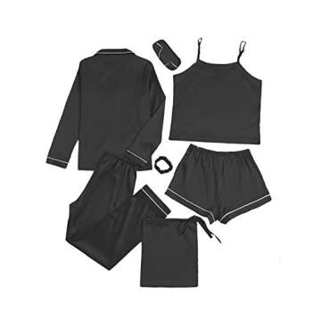 LYANER Women's Pajamas Set 7pcs Silk Satin Sleepwear Loungewear Cami Shirt Pj Set Black Small