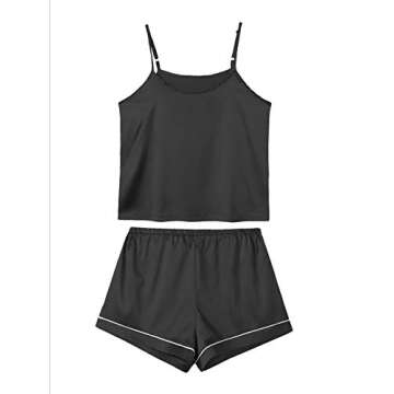 LYANER Women's Pajamas Set 7pcs Silk Satin Sleepwear Loungewear Cami Shirt Pj Set Black Small