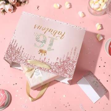 Yoirrat Rose Gold 16 & Fabulous 16th Birthday Gift Bag for Girls Large Pink Happy Sweet 16th Birthday Gift Bag with 16th Birthday Wrapping Paper Card for 16th Birthday Decorations Party Supplies