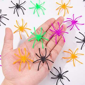 JIALWEN 120 Pieces Halloween Realistic Plastic Spiders 4 Colors Small Spider Toys Black Fake Spiders Prank Props for Halloween Home and Party Decorations