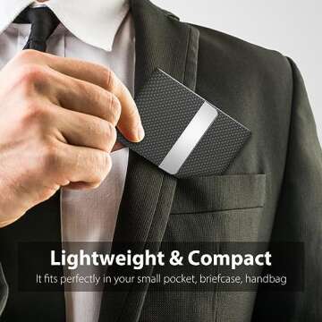 MaxGear Business Card Holder, PU Leather & Stainless Steel Business Card Case for Men or Women, Slim Name Cards Holder RFID Blocking Credit Cards Carrier with Magnetic Closure, Black Carbon