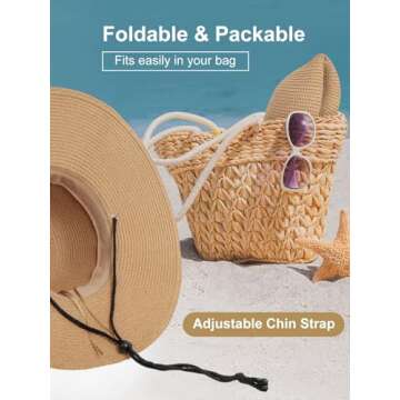 Womens Sun Hat Wide Brim Foldable Beach Hats for Women UV Protection Summer Straw Hat with Wind Lany...