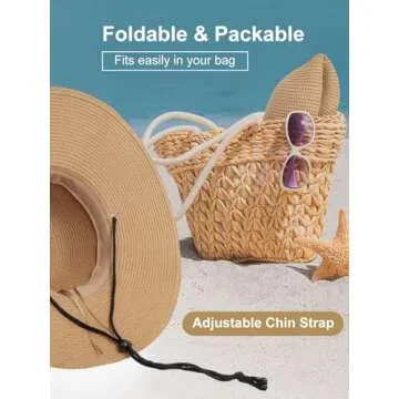 Womens Sun Hat Wide Brim Foldable Beach Hats for Women UV Protection Summer Straw Hat with Wind Lany...