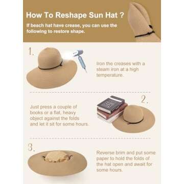 Womens Sun Hat Wide Brim Foldable Beach Hats for Women UV Protection Summer Straw Hat with Wind Lanyard Khaki