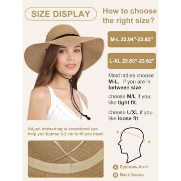 Womens Sun Hat Wide Brim Foldable Beach Hats for Women UV Protection Summer Straw Hat with Wind Lanyard Khaki