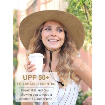 Womens Sun Hat Wide Brim Foldable Beach Hats for Women UV Protection Summer Straw Hat with Wind Lanyard Khaki